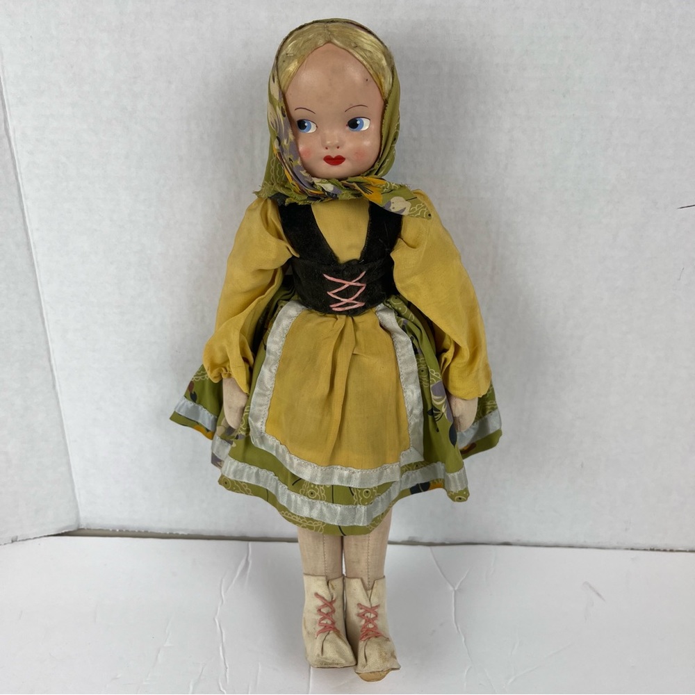 Vintage German celluloid doll-cotton dress-apron